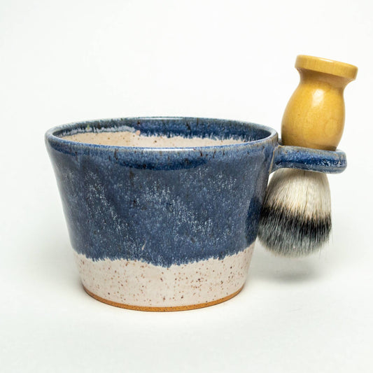 White Squirrel Clayworks - Shave Bowl -Blue Frost Hand-thrown Stoneware Ceramic & brush